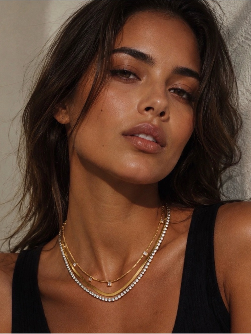 3-Layer Necklace with Square White Zirconia Stainless Steel 18K Gold Plated
